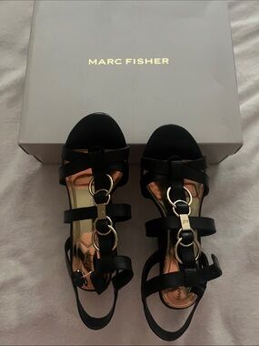 Marc Fisher Black Sandals with Gold Ring Accents